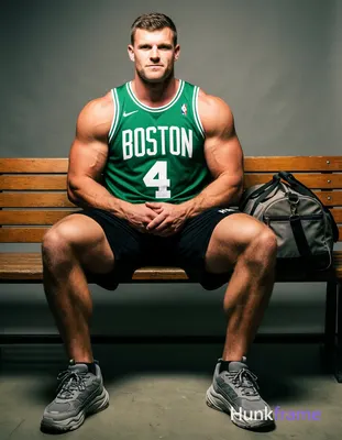 A muscular white man with short brown hair and a clean-shaven face sits on a woo