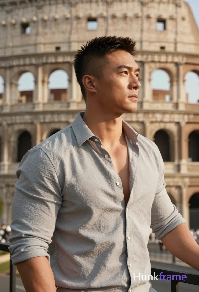 Asian man with short dark brown undercut hair and clean-shaven face, standing in 3/4 profile facing right against blurred Colosseum architecture; He wears a light grey textured button-up shirt with collar open revealing upper chest; left hand resting on black metal railing behind him; Broad shoulders, defined pectorals, toned arms visible from shoulder to wrist; Warm golden-hour sunlight casts soft shadows on his face and skin; Shallow depth of field emphasizes sculpted masculine silhouette in muscle bear style; single clean uninterrupted photograph with a cohesive editorial composition and plain continuous surrounding surfaces