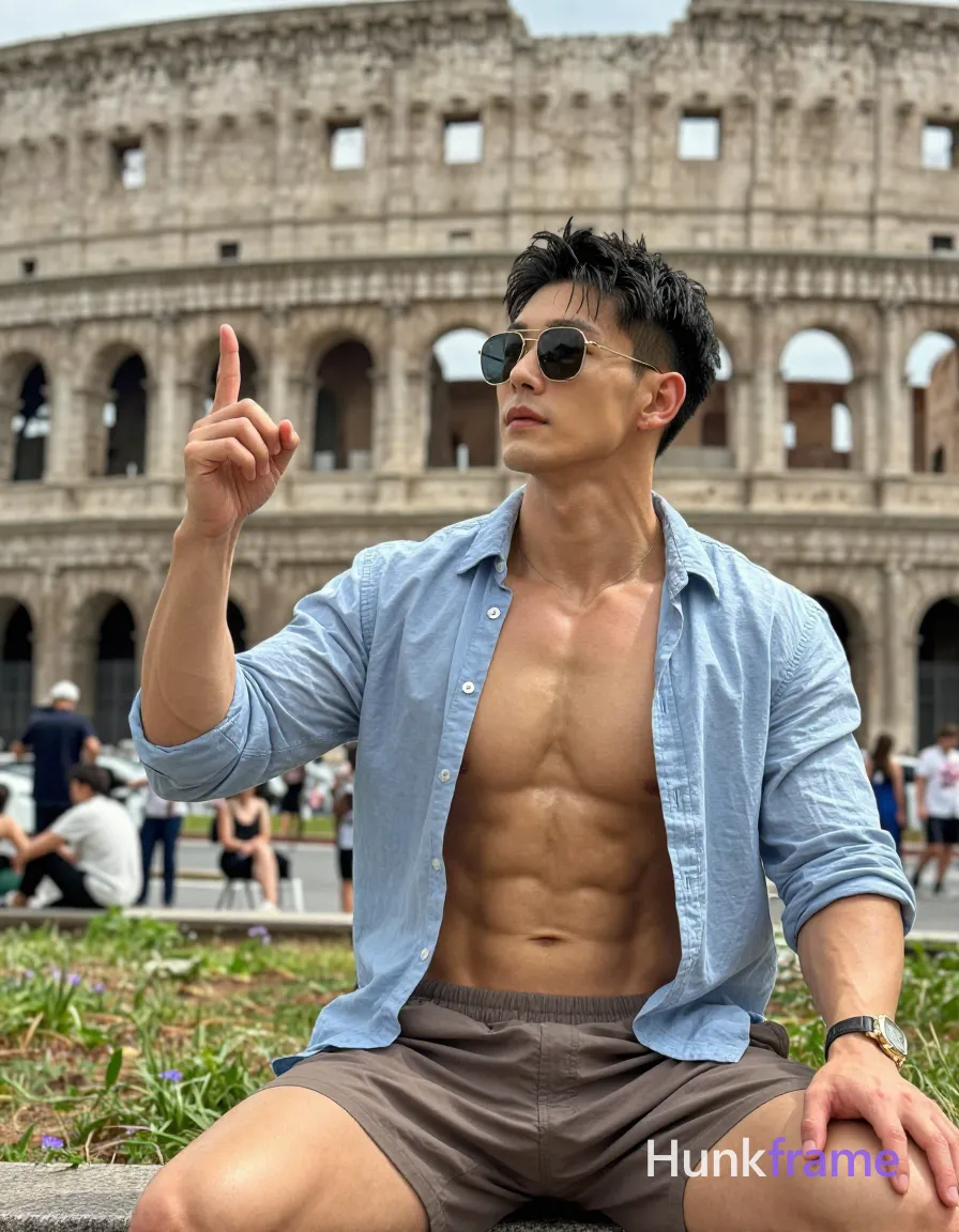Asian man with short black textured hair and thin gold sunglasses seated center-right, shirtless wearing open light blue button-up over bare chest and brown shorts; He points upward with right index finger while left arm rests at side in a confident pose on grass before the Colosseum; shallow depth of field blurring distant crowd under bright daylight; The adult man visibly wears sunglasses with thin gold frames and dark lenses worn on face on his face; preserve the exact frame shape, rim style, color, material, and lens tint, shot on iPhone 15 Pro main camera, authentic smartphone computational photography, natural Smart HDR and true-to-life skin texture, vertical 9:16 Xiaohongshu lifestyle feed, bright clean everyday scene, unretouched phone photo with subtle sensor grain, trendy Chinese internet 网红 aesthetic, candid influencer energy; single clean uninterrupted photograph with a cohesive editorial composition and plain continuous surrounding surfaces