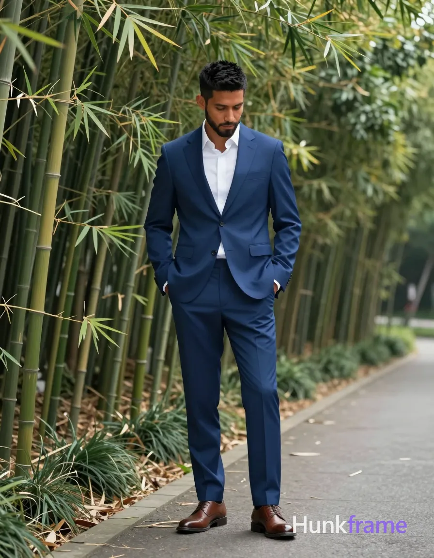 Iconic adult man in bold flat-color poster wall art graphic design style stands upright on paved path beside bamboo grove with hands tucked into jacket pockets head tilted down at approximately 30 degrees toward ground level; Medium-brown skin short black hair textured slight volume top tapered sides back no visible parting styling product light stubble along jawline upper lip not fully shaved but full beard clean-shaven chin area minor shadow neutral slightly pensive gaze directed downward wearing blue single-breasted suit jacket buttoned at one visible button matching tailored trousers white collared dress shirt worn open neck without tie knot brown leather oxford-style shoes polished finish; Full body shot from head toe visible within frame boundaries center-right vertical axis occupying middle ground between bamboo foliage asphalt path overcast natural daylight soft shadows diffused overhead lighting shallow depth of field blurring background bamboo slightly keeping subject sharply focused high dynamic range preserv fine-art photography aesthetic, same aesthetic theme and photo feel as the reference but a different man; single clean uninterrupted photograph with a cohesive editorial composition and plain continuous surrounding surfaces