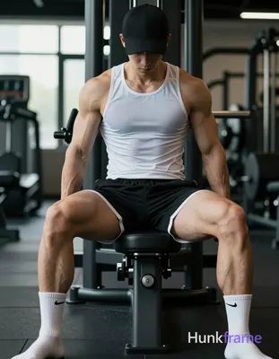 Asian man with light-medium skin seated on gym leg press in vertical portrait, legs spread wide V-sh