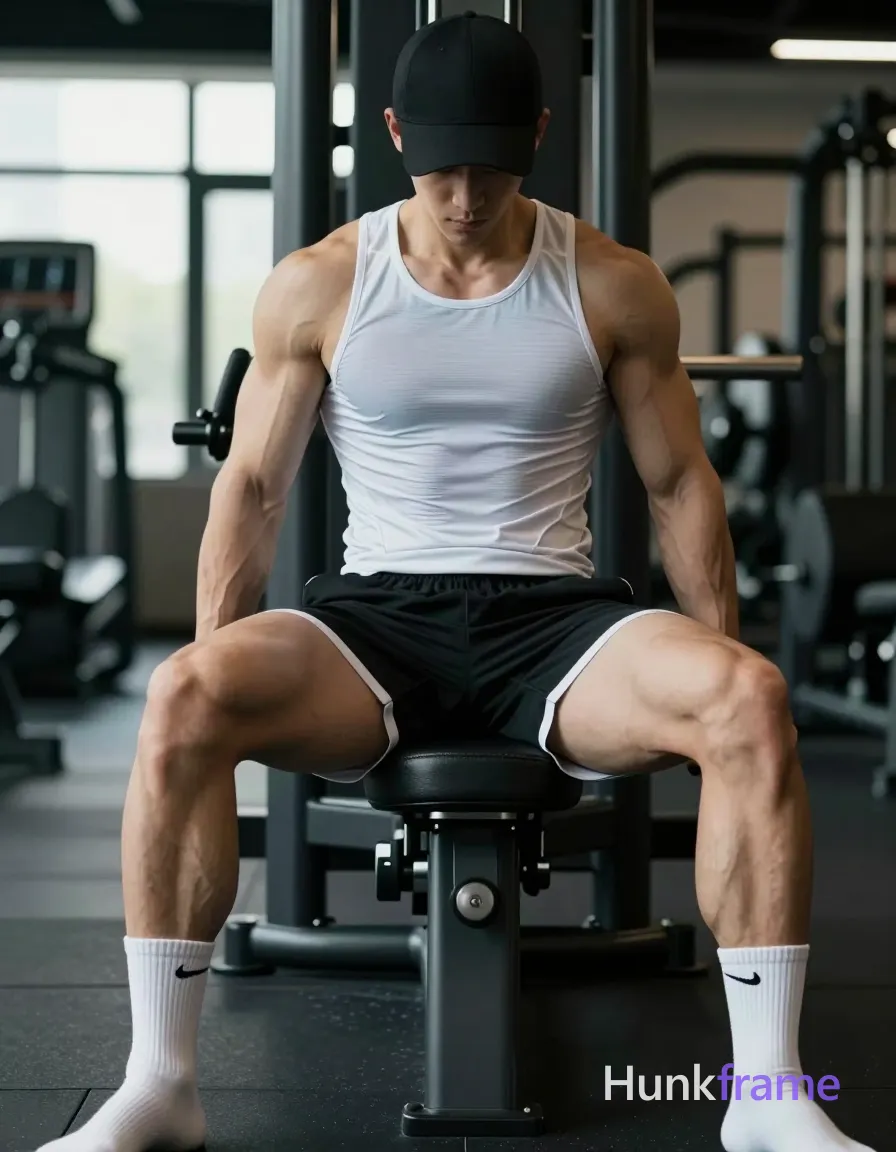 Asian man with light-medium skin seated on gym leg press in vertical portrait, legs spread wide V-shape exposing thick quadriceps and lower abdomen; He wears a black baseball cap tilted forward, a light blue and white patterned compression tank top clinging to broad shoulders and defined pectorals, black athletic shorts showing white inner lining at hemline, and white crew socks with small black Nike swoosh logos near ankles; Full arms including biceps are bare; hands rest lightly on inner thighs near knee caps; Neutral focused downward gaze under soft directional light from the left highlighting right shoulder against a blurred gym background with daylight windows; Slight motion blur edges for dynamic feel, high contrast between skin and dark clothing, same aesthetic theme and photo feel as the reference but a different man in a different pose with distinct body proportions, German man, fair skin, strong brow ridge, lean cyclist legs; single clean uninterrupted photograph with a cohesive editorial composition and plain continuous surrounding surfaces