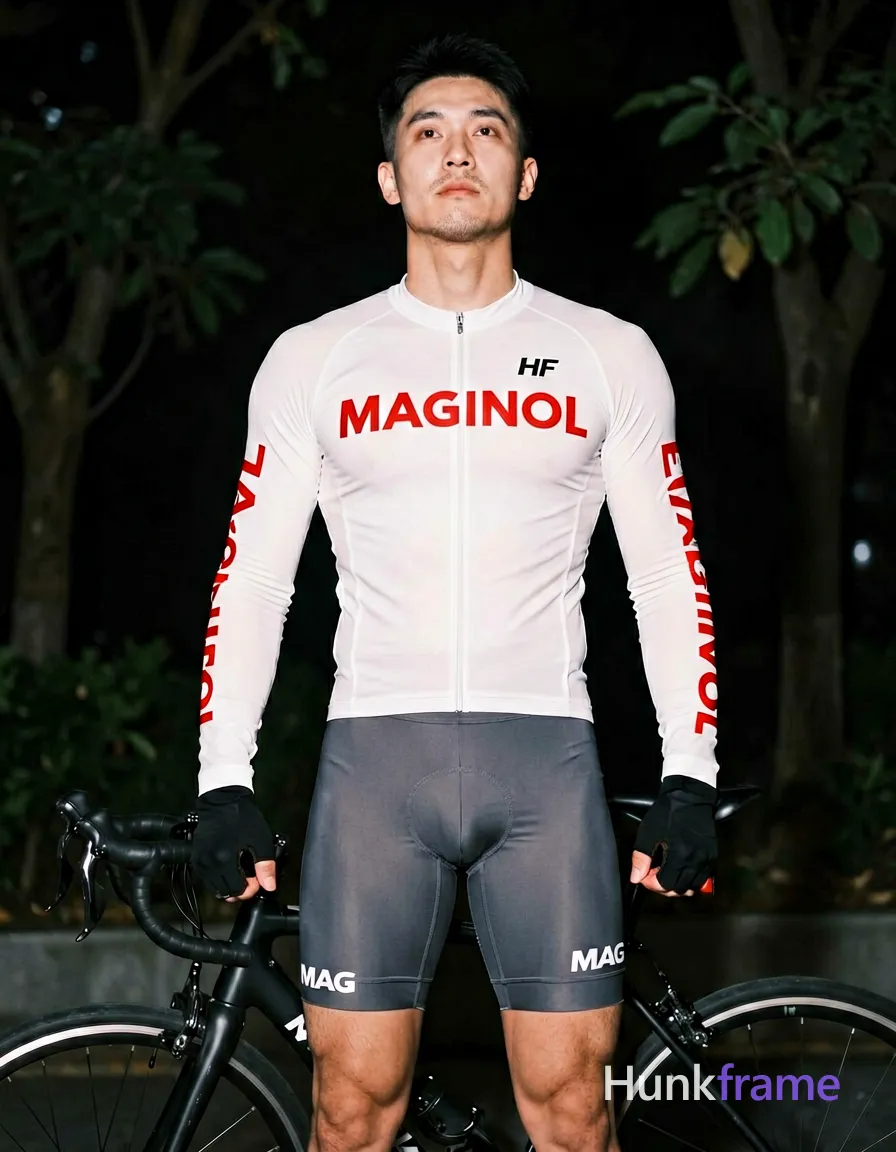 Asian man with short black hair and clean-shaven face, neutral expression looking upward, standing upright beside bicycle. Wearing white long-sleeve cycling jersey with red 'MAGINOL' branding across chest and sleeves, grey tight-fitting bib shorts with white 'MAG' logo on left thigh, black fingerless gloves. Broad shoulders, defined chest and arms, fully clothed adult physique. Full body shot from thighs up to head centered in frame. Dark outdoor night scene with indistinct foliage background. Strong frontal key light creates high-contrast dramatic lighting with deep shadows behind figure. Sharp focus on subject against dark backdrop. Athletic gym photography style emphasizing confident strength. Include exactly one visible wordmark, spelled exactly "HF", as a small garment print; preserve its appropriate typography and scale. No other visible text, logo, caption, username, hashtag, comment, watermark, or UI chrome., same aesthetic theme and photo feel as the reference but a different man in a different pose with distinct body proportions, Slavic man, pale skin, ash blond stubble, tall athletic frame, wearing underwear or swim trunks, covered genitals, no frontal nudity, a single uninterrupted photograph only, no written words or typography anywhere in frame, no captions, no app UI, no social-media post layout, no screenshot borders