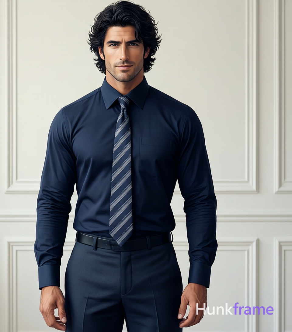 Vertical anime portrait of an adult man standing facing forward with hands relaxed at sides, wearing dark navy long-sleeve dress shirt with collar and cuffs, striped necktie in navy and light gray diagonal stripes, matching tailored trousers, black belt. Centered vertical torso crop excluding head against an off-white paneled wall. Polished 2.5D next-gen rendering style features expressive implied expression and athletic anatomy under soft even lighting for clean lines and minimalist composition. Muted palette of navy blue, gray, white, and black conveys high-quality character art., same aesthetic theme and photo feel as the reference but a different man in a different pose with distinct body proportions, Mediterranean Italian man, olive skin, wavy dark hair, lean surfer body, a single uninterrupted photograph only, no written words or typography anywhere in frame, no captions, no app UI, no social-media post layout, no screenshot borders