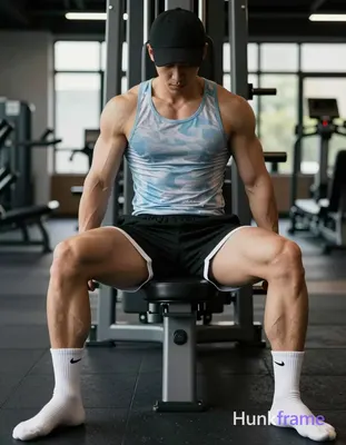 Asian man with light-medium skin seated on gym leg press in vertical portrait, legs spread wide V-sh