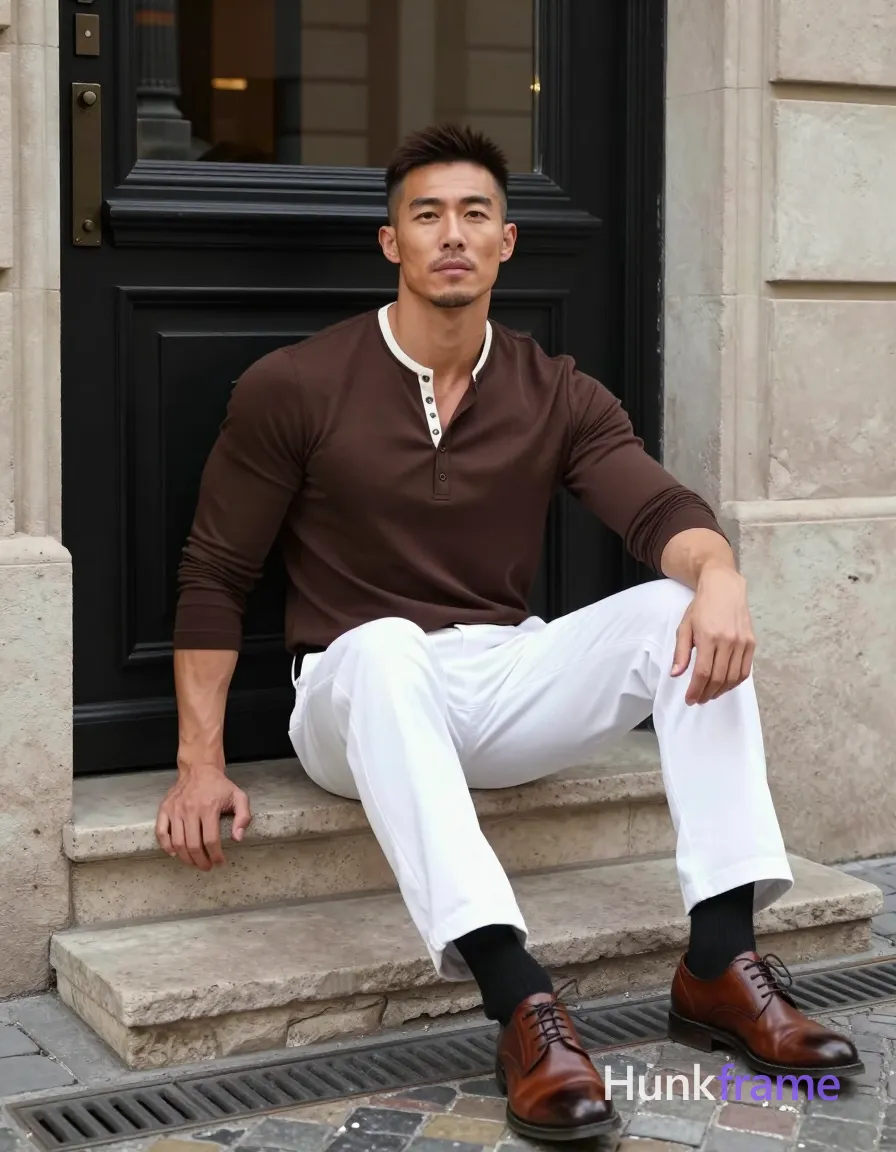 Asian man with light-medium skin and short dark brown undercut hair sits centered in a vertical portrait, leaning back on an ornate black door step; He wears long-sleeved brown henley shirt with white trim at collar and placket buttons, white wide-leg trousers, black crew socks, and brown leather lace-up dress shoes; Left hand rests flat beside him on the stone; right arm relaxed along thigh; Seated in front of light-colored stone walls and cobblestone ground with metal drainage grates under natural daylight; Athletic photography style emphasizing defined shoulders and arms, confident strength posture, dramatic directional lighting highlighting lean build, urban setting; single clean uninterrupted photograph with a cohesive editorial composition and plain continuous surrounding surfaces