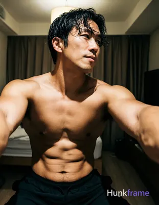 Asian man with short dark black slightly wavy wet-looking hair parted left, clean-shaven face neutra