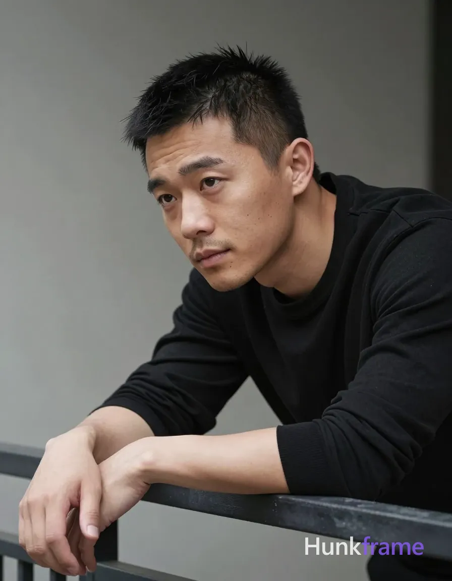 Asian man with light-medium skin showing natural texture and visible pores, black short back-and-sides cut hair swept right, clean-shaven upper lip with light stubble on chin and jawline; He leans forward on a dark metal railing in an outdoor urban terrace setting, left arm resting horizontally across frame while the right hand is partially visible near wrist; Wearing a black long-sleeve shirt with collar, fully clothed lean build physique captured in fine-art photography aesthetic; Soft directional natural light from left creates subtle shadows on right cheek and neck against muted background grays; Shallow depth of field isolates head-and-shoulders portrait centered composition; single clean uninterrupted photograph with a cohesive editorial composition and plain continuous surrounding surfaces