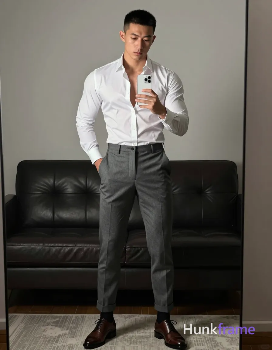 Asian man standing in front of full-length mirror holding white smartphone at chest level taking selfie instead of seated. White long-sleeve button-up shirt subtle vertical stripes top two buttons undone revealing upper chest and collarbone artistic partial nude adult. Grey tailored trousers cuffed slightly above ankle black dress socks pulled up to mid-calf brown cap-toe oxford shoes visible on light-colored rug below. Broad shoulders defined pectorals toned arms short black buzz cut straight texture high forehead clean hairline clean-shaven neutral direct gaze at phone camera in mirror reflection left hand resting behind back near hip right arm raised holding smartphone. Indoor room featuring dark leather tufted sofa against light grey wall wooden floor partially covered by textured rug vertical mirror frame visible along right edge of image soft ambient indoor lighting creating gentle shadows on face and clothing folds white grey brown black palette polished confident stylish mood clean lines minimalist composition fine-art photography dramatic lighting sculpted poses premium fashion-editorial aesthetic handsome masculine subject tailored attire captured via mirror selfie composition 13:19 aspect ratio vertical portrait orientation, a single uninterrupted photograph only, no written words or typography anywhere in frame, no captions, no app UI, no social-media post layout, no screenshot borders