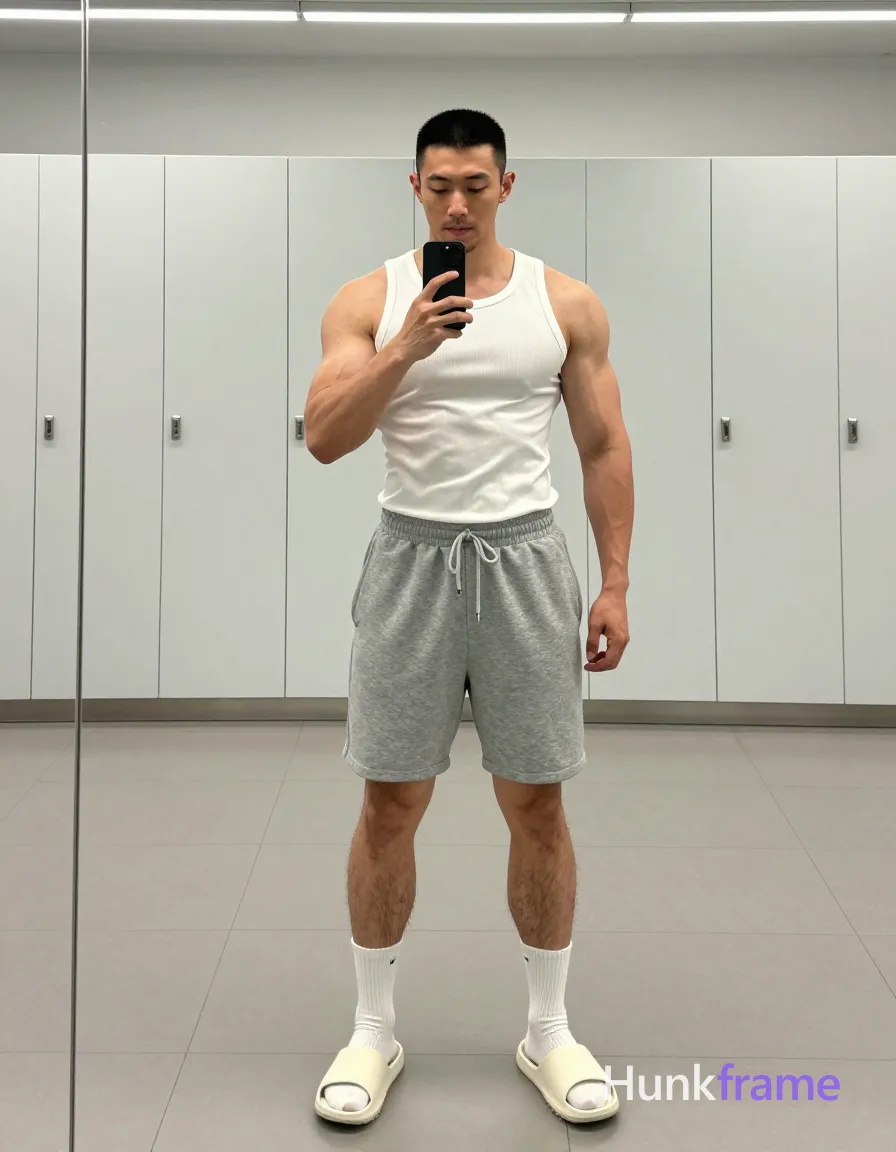 Asian man with short black buzz cut and light stubble stands full-body in front of a large mirror, facing forward with slight torso rotation left; He wears a white ribbed cotton sleeveless tank top exposing broad shoulders, defined pectorals, vascular arms, and neck; grey heathered sweatpants with drawstring sit at the waist over thick thighs clad in white crew socks pulled to mid-calf and white slide sandals; Right arm bent holding black smartphone vertically against chin taking a mirror selfie while left arm relaxes by side; Indoor locker room setting with white lockers and tiled floor under overhead fluorescent lights creating even illumination and soft shadows; High contrast between skin tones and clothing, minimalist composition centered on physique within the reflection; single clean uninterrupted photograph with a cohesive editorial composition and plain continuous surrounding surfaces