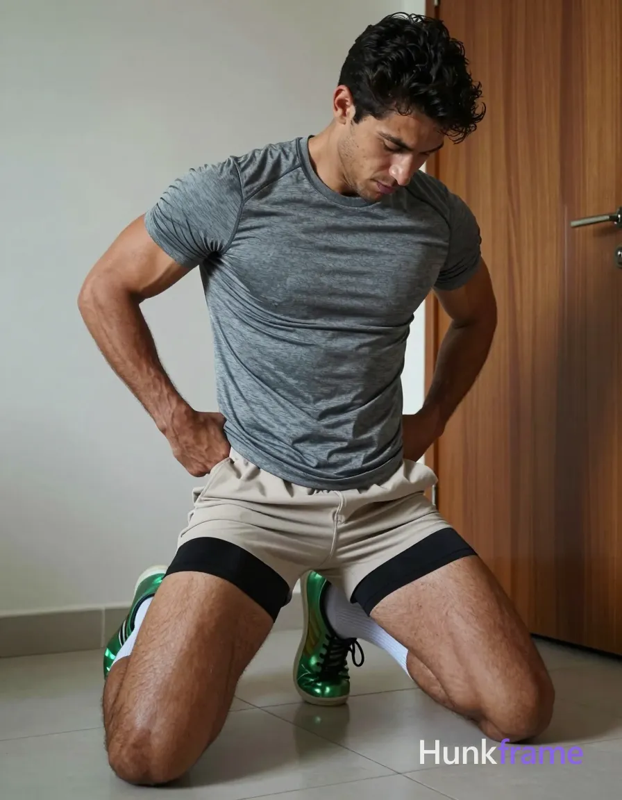A handsome adult man with light-to-medium tan skin and short dark hair kneels on a tiled floor, torso leaning forward slightly. He wears a grey textured athletic t-shirt over beige shorts revealing black compression briefs at the thigh edges, paired with white mid-calf socks and metallic green high-top sneakers. Arms rest behind hips or thighs; knees and shins are exposed showing thick muscular definition. Soft directional indoor lighting from left casts shadows on the right leg against a plain wall with a wooden door panel to the right. High-resolution skin texture and fabric weave, naturalistic color grading with slight cool undertones., same aesthetic theme and photo feel as the reference but a different man in a different pose with distinct body proportions, Mexican man, bronze skin, strong jaw, thick wavy hair, soccer-player lean legs, a single uninterrupted photograph only, no written words or typography anywhere in frame, no captions, no app UI, no social-media post layout, no screenshot borders