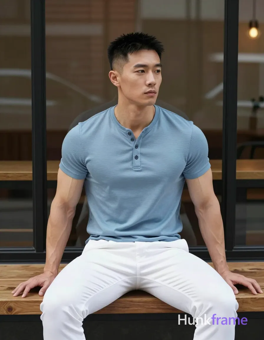 Asian man with light-medium skin and a short black buzz cut featuring textured top and faded sides sits centered on a wooden bench; He wears clean-shaven face, calm composed gaze directed off-camera right, broad shoulders, defined pectorals, toned abdominal muscles visible through fitted shirt in a light blue short-sleeve henley t-shirt with ribbed texture and three-button placket (top two buttons fastened) paired with white slim-fit trousers; Legs spread apart; left leg slightly forward bent at knee, right leg extended back along bench edge; Indoor cafe setting against large black-framed glass window showing brick wall reflection behind; Natural daylight creates soft directional highlights on face and torso, subtle shadows under chin and arms indicating overhead ambient fill; Clean lines, natural lighting, editorial framing, minimalist palette; single clean uninterrupted photograph with a cohesive editorial composition and plain continuous surrounding surfaces