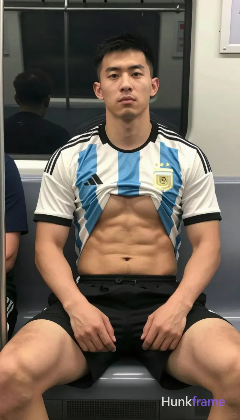 A candid waist-up shot of an Asian man seated on a subway seat with torso upright and hands resting in lap. He wears an open Argentina national team jersey exposing defined abs, visible pectorals, and bare chest skin above black athletic shorts that show thick thighs. The vertical phone-camera aesthetic features slightly soft focus ambient lighting within the car interior, window to left showing reflections of another passenger behind him., a single uninterrupted photograph only, no written words or typography anywhere in frame, no captions, no app UI, no social-media post layout, no screenshot borders