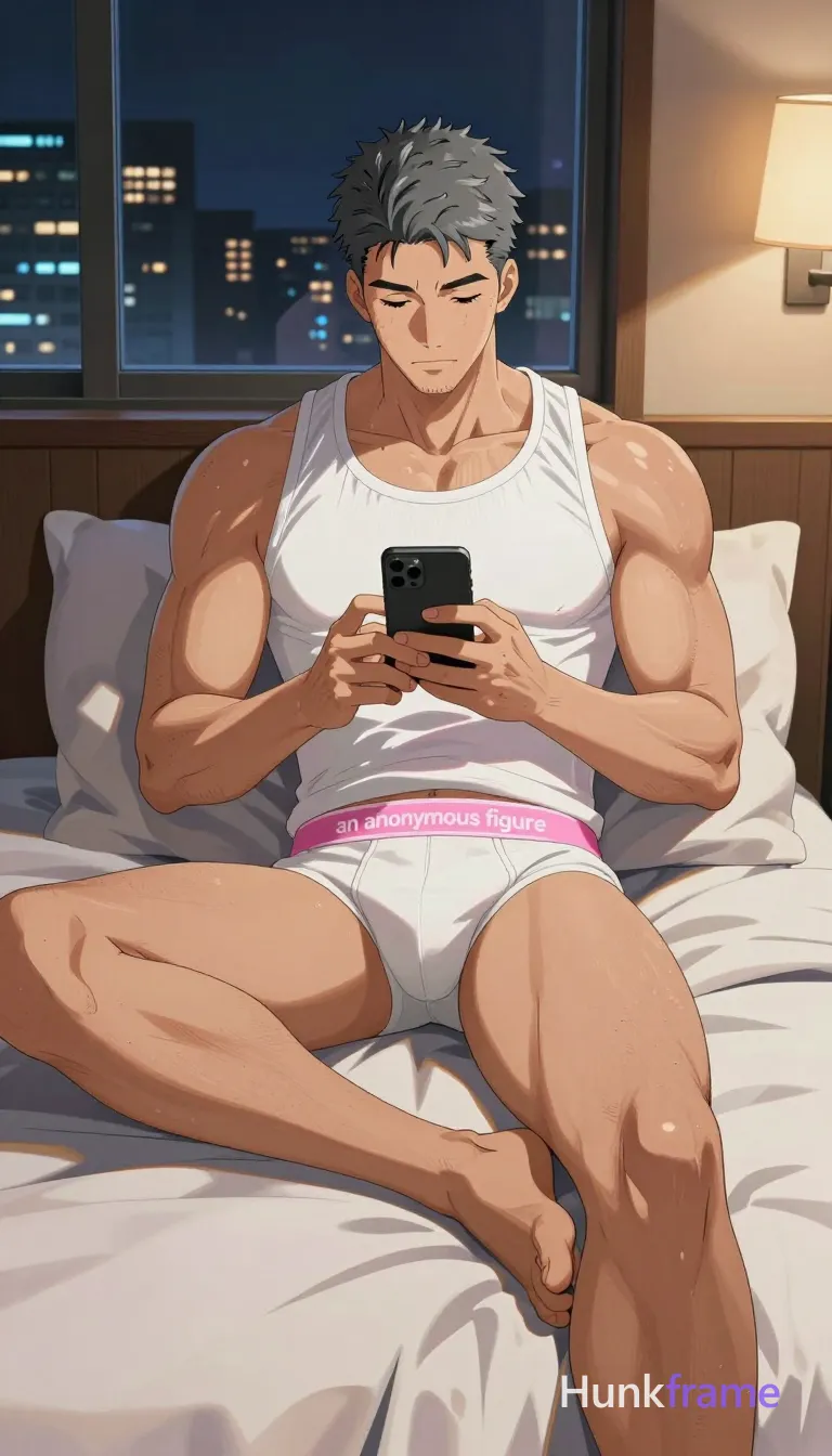 Asian man with ash-grey short textured crop cut and minor stubble shadow, reclining on bedroom bed against pillows; He wears a white ribbed tank top covering torso completely over broad shoulders and defined pectorals, paired with white an anonymous figure briefs featuring a pink waistband displaying 'an anonymous figure' text in white lettering; Legs are spread apart with left leg bent upward and right leg extended forward showing thick thighs and lean calves with subtle freckling; He holds a black smartphone horizontally at chest level with both hands for interaction, gaze focused downward on the screen; Setting is a bedroom interior with wooden paneling walls and a large window revealing a nighttime cityscape view outside; Lighting creates dramatic contrast between warm ambient glow from wall sconces illuminating his right side and cool blue tones reflecting off glass behind him to emphasize sculpted musculature; Polished anime 2.5D next-gen game art style rendering expressive face, athletic anatomy, high-quality character details, portrait orientation centered horizontally occupying majority of vertical frame; single clean uninterrupted artwork with a cohesive composition and plain continuous surrounding surfaces
