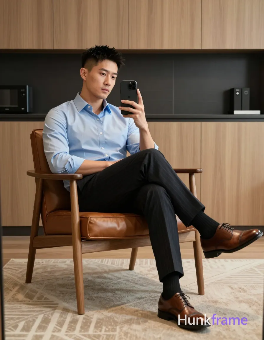 Asian man, light-medium skin, short black hair textured top faded sides clean neckline, clean-shaven face focused neutral expression viewing phone screen; Seated sideways in brown leather armchair with wooden frame, left leg crossed over right knee, torso angled toward camera mirror reflection; Wearing light blue long-sleeve button-down shirt top 2-3 buttons undone, dark pinstripe trousers, black dress socks, brown leather cap-toe oxford shoes; Holding black smartphone both hands chest level thumb on screen taking selfie or reviewing photo; Full-body seated shot knees up to head center-right composition; Modern apartment light wood cabinetry dark tiled backsplash beige geometric rug contemporary furniture; Soft ambient indoor lighting warm highlights face and shirt overhead source; Clean lines minimalist interior design high-end fashion editorial aesthetic calm composed sophisticated mood portrait orientation; single clean uninterrupted photograph with a cohesive editorial composition and plain continuous surrounding surfaces