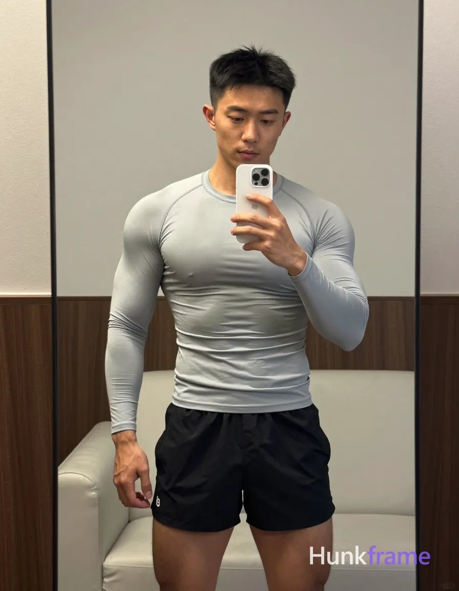 an anonymous figure adult man with light to medium tan skin and short black straight hair featuring a neat side parting, clean-shaven face standing in front of a mirror; He wears unobstructed face with both eyes, irises, eyebrows, temples, and nose bridge clearly visible, holding a white smartphone in his left hand capturing the reflection while his right arm rests by his side; Dressed in a tight-fitting ribbed light gray long-sleeve compression shirt and black athletic shorts with a small white logo on the lower left leg; The composition shows full torso to mid-thigh centered vertically in the mirror, revealing broad shoulders, defined pectorals, vascular forearms, and thick thighs; Setting is an indoor room with light-colored walls, dark wood paneling, and a partial view of a white sofa behind him under soft ambient lighting; single clean uninterrupted photograph with a cohesive editorial composition and plain continuous surrounding surfaces