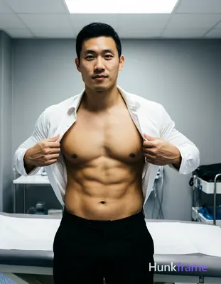 Asian man with short black hair and clean-shaven face stands facing camera in a clinical room, pulli