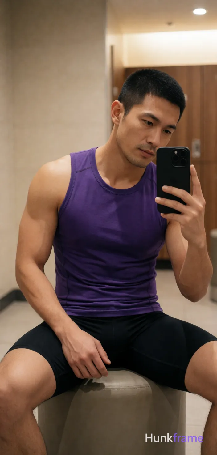 Asian man with short black buzz cut and light stubble sits on a cylindrical ottoman in a gym locker room, holding a black smartphone for a mirror selfie; He wears a tight purple sleeveless athletic tank top exposing his chest and abdomen, paired with mid-thigh black compression shorts showing thick thighs and muscular calves; The composition is vertical portrait 13:19, slightly tilted angle capturing the reflection in the mirror; Soft ambient indoor lighting from overhead fixtures illuminates light-medium skin tones against beige walls and wood paneling; Natural phone-camera aesthetic with confident casual mood, same aesthetic theme and photo feel as the reference but a different man in a different pose with distinct body proportions, Thai man, smooth tan skin, gentle eyes, slim toned Muay Thai physique; single clean uninterrupted photograph with a cohesive editorial composition and plain continuous surrounding surfaces