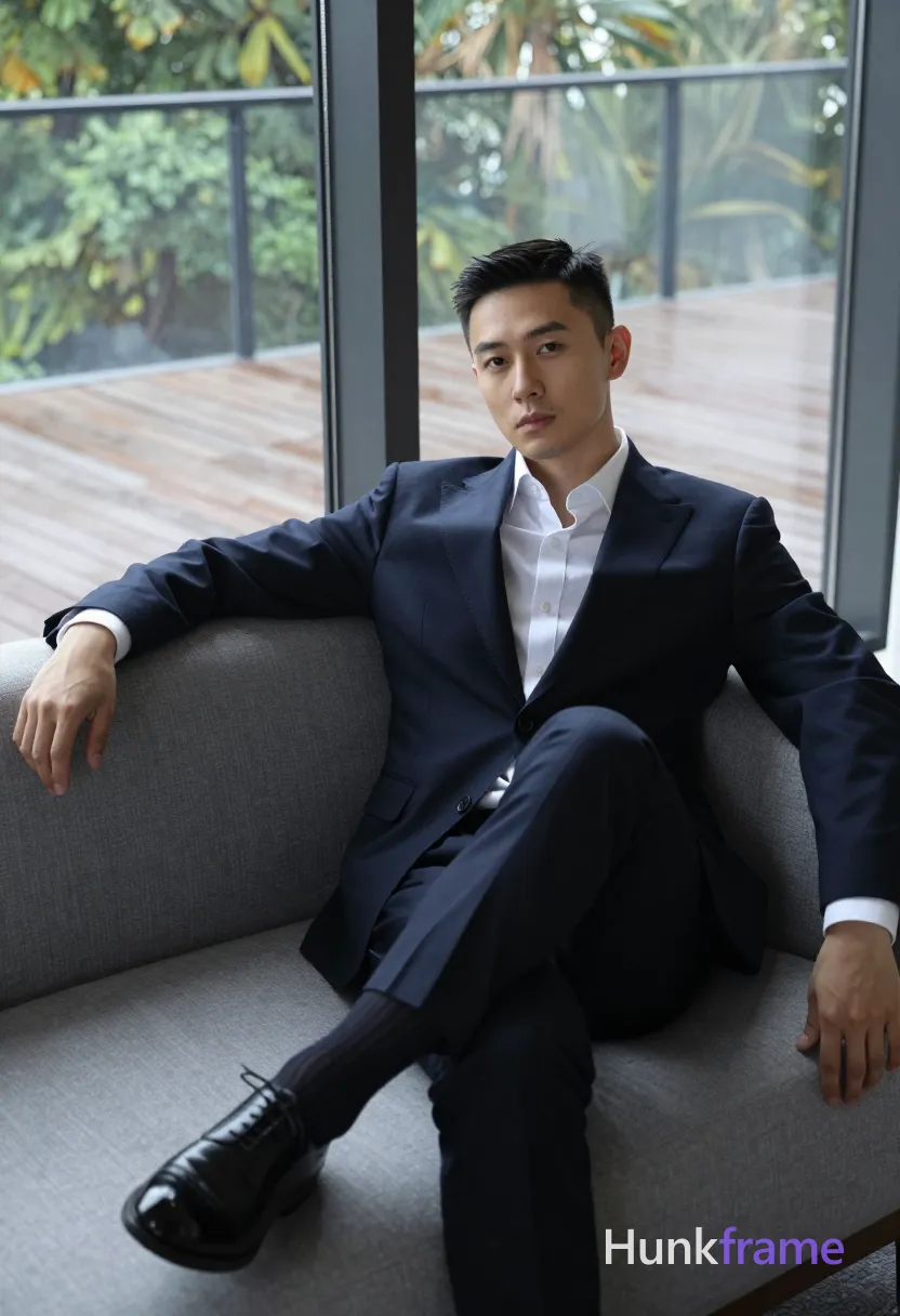 Photograph of exactly 1 adult man. Man 1: East Asian, light to medium, oval with defined jawline, short black hair, straight texture, neat side parting, clean-shaven head and neck, clean-shaven. Man 1 has fully exposed eyes, eyebrows, temples and nose bridge. slim East Asian build with smooth legs in dark patterned socks. reclining on grey sofa left leg crossed over right knee torso leaning back. dark navy tailored suit jacket white dress shirt collar black leather oxford shoes. vertical portrait full-body shot from mid-thigh up to head center-right framing. modern interior space with floor-to-ceiling windows overlooking wooden deck, greenery. natural daylight streaming through large glass panels creating soft highlights on face. fine-art fashion editorial aesthetic clean composition emphasizing silhouette and fabric texture