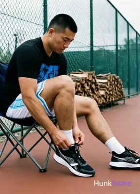 Asian man with short black buzz cut and clean-shaven face, seated in profile on a folding chair at a