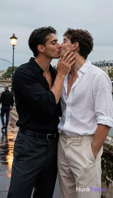 Man on the left has medium-dark skin, short dark wavy side-parted hair, clean-shaven face with close