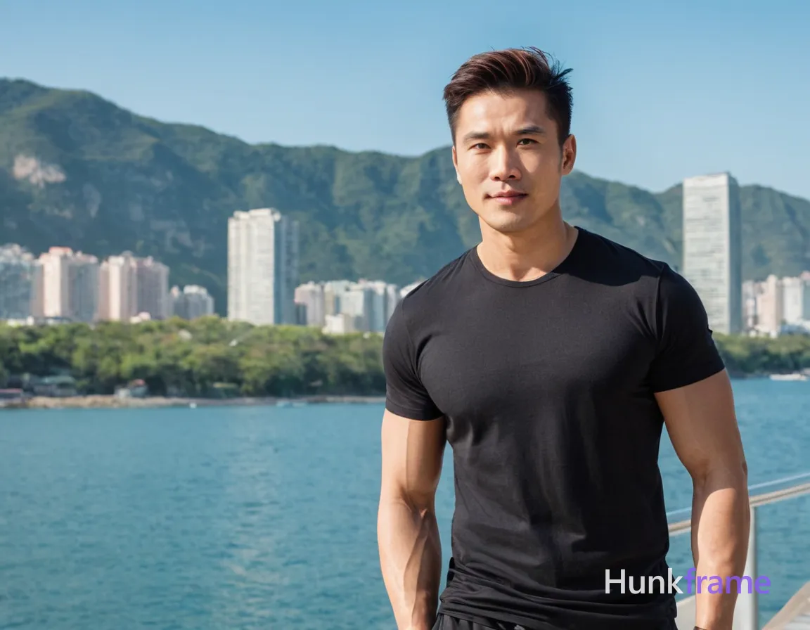 A handsome masculine man standing casually in bright daylight with a blue sky and water visible in the background. He is fully clothed, wearing a black t-shirt with graphic design, black pants, and black shoes. His muscular body, particularly his thick thighs, are prominently featured. The image captures him from full body, with no other people around, presenting a relaxed and authoritative demeanor