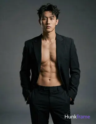 a handsome Asian man standing with hands in pockets against a dark gray backdrop
