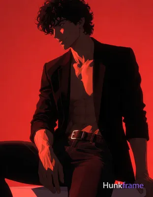 Polished anime 2.5D next-gen game art of an adult man, seated with right leg ben