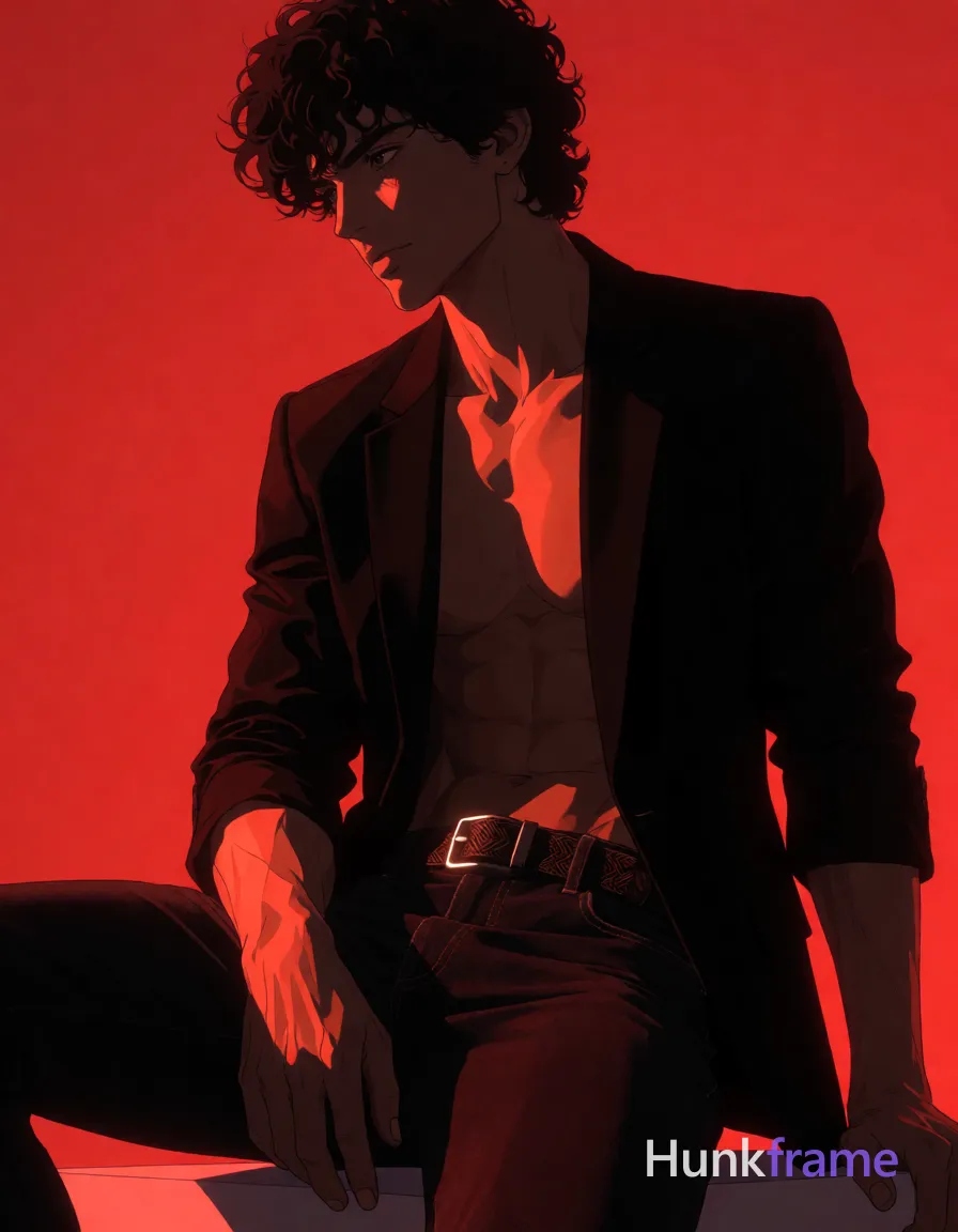 Polished anime 2.5D next-gen game art of an adult man, seated with right leg bent and left extended under body, torso slightly angled forward; Shirtless bare chest and abdomen visible beneath open black blazer sleeves rolled to forearm length; dark trousers likely jeans with textured belt featuring metallic rectangular buckle; Studio setting with solid red backdrop, dramatic side lighting from left casting deep shadows on right body parts under strong red ambient light wash; High contrast silhouette-heavy art style emphasizing torso musculature including broad shoulders defined pectoral muscles and visible abdominal definition, same aesthetic theme and photo feel as the reference but a different man in a different pose with distinct body proportions, Brazilian Latino man, warm olive skin, curly dark hair, compact athletic torso; single clean uninterrupted artwork with a cohesive composition and plain continuous surrounding surfaces
