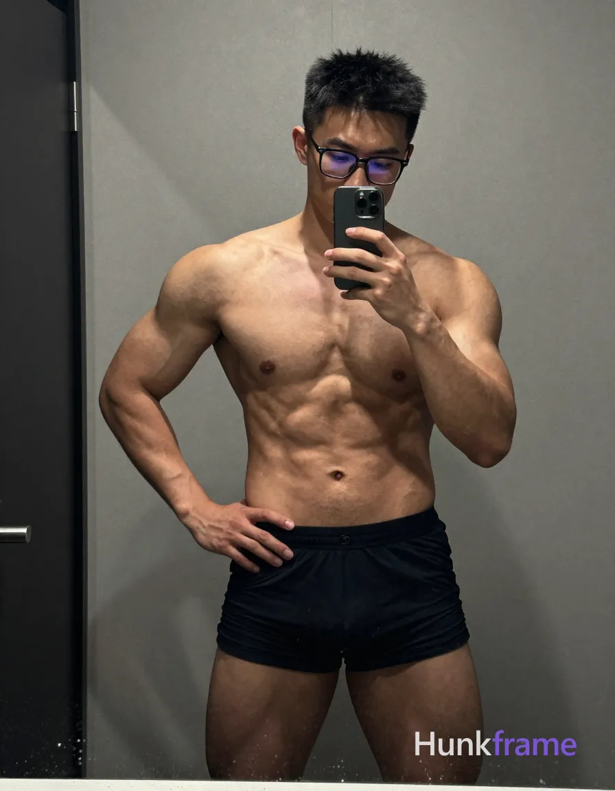 A shirtless muscular man taking a mirror selfie with one hand on his hip and the other holding a smartphone to capture the photo, head slightly tilted down, shoulders squared. The torso crop shows defined abs and arms. He wears black-framed glasses and dark shorts. The setting is indoors, likely in a bathroom or bedroom, with muted monochromatic tones suggesting film grain or low-resolution capture. Even frontal lighting highlights his muscular physique without harsh shadows, conveying confidence and self-assuredness typical of a fitness model