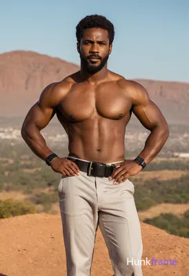 An African man stands topless in a golden hour setting, with warm hues of orange