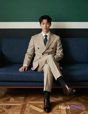 Asian man with light-medium skin and short black hair seated upright on a dark b