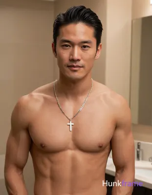 Photoreal photograph of a handsome masculine man standing shirtless with arms sl