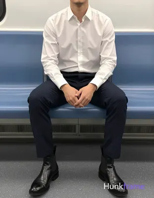A handsome masculine man seated on a subway-style bench with legs spread apart a
