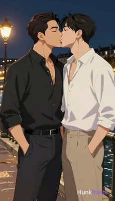 Polished anime 2.5D rendering of two adult Asian men in a passionate kiss at nig