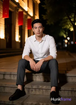 Asian man with short black straight side-parted hair and clean-shaven neck, neut