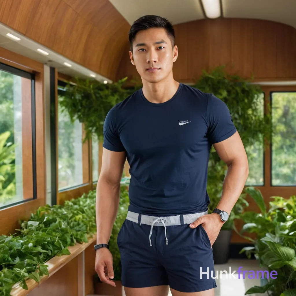 A young adult Asian man stands confidently in a well-lit garden beside a serene swimming pool, showcasing his athletic physique. He is dressed casually in navy blue shorts with a drawstring and has a watch on his left wrist. The background features lush greenery, modern glass structures, and wooden elements, creating an upscale yet natural setting