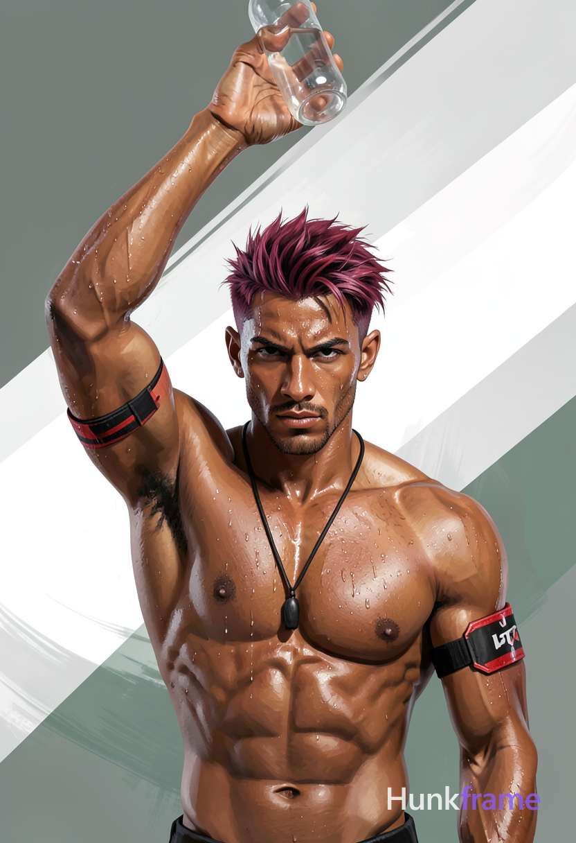 A striking medium-brown skinned man with short spiky reddish-purple hair and swe