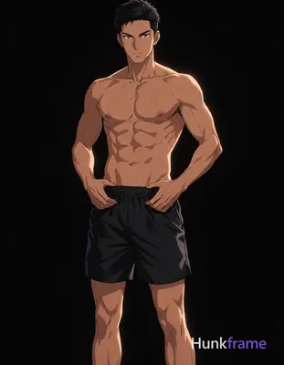 Polished anime style illustration of an Asian man with medium-dark skin and shor