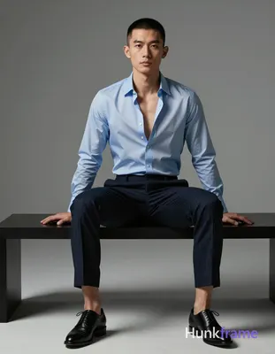 Asian man with short black buzz cut and clean-shaven face, seated upright on a modern black bench in