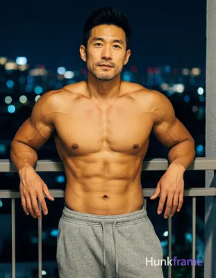 Asian adult man with light tan skin and short dark black hair styled upward at the crown, clean-shav