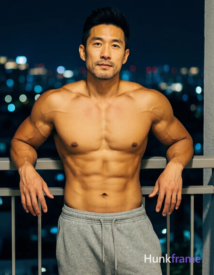 Asian adult man with light tan skin and short dark black hair styled upward at the crown, clean-shaven chin with light jawline stubble; Shirtless torso revealing broad shoulders, defined deltoids, visible biceps veins, six-pack abs, narrow waist, wearing gray sweatpants with elastic waistband; Standing upright leaning slightly forward against a balcony railing, arms bent at elbows resting on railings with hands open and relaxed; Nighttime urban setting with blurred city lights in background, high-contrast lighting creating soft highlights on skin texture; Vertical portrait composition 13:19, head near top third line, torso filling middle frame, legs cropped below waist; Bold flat-color poster style; single clean uninterrupted photograph with a cohesive editorial composition and plain continuous surrounding surfaces