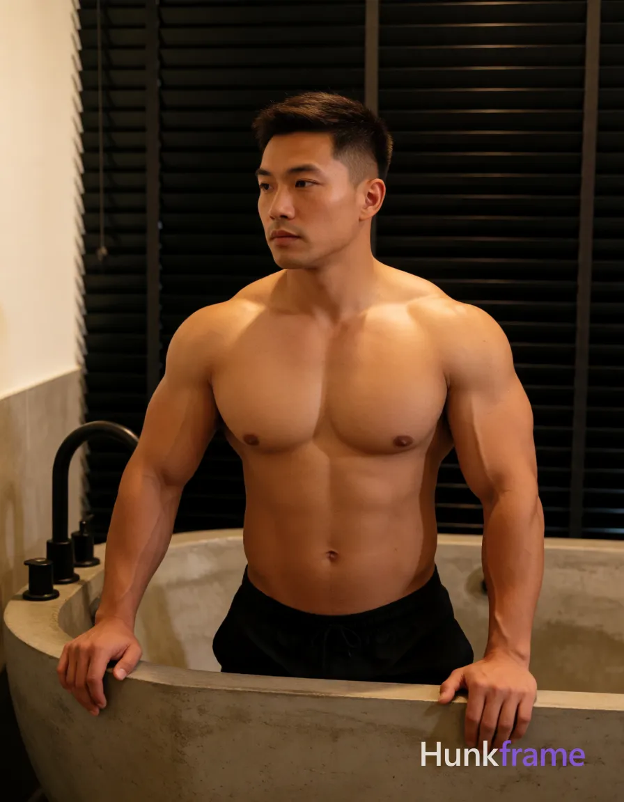 Heavily muscular adult man with substantial muscle mass, wide shoulders, thick neck, large chest and arms, powerful thighs, and dense bodybuilding proportions; Asian man with tanned skin and short dark brown undercut hair, clean-shaven face with neutral contemplative gaze leftward; Standing inside a freestanding concrete bathtub, torso upright relaxed, both hands resting on the rim (left near faucet); Shirtless adult with bare chest, broad shoulders, defined pectorals, ripped abdomen, thick arms; black swim briefs visible at waistline; Indoor bathroom setting with large tub and black horizontal blinds behind; Warm indoor artificial lighting casting soft directional highlights on sculpted musculature; Fine-art photography aesthetic, dramatic chiaroscuro emphasizing anatomy, homoerotic undertone through pose and intimate spa atmosphere; single clean uninterrupted photograph with a cohesive editorial composition and plain continuous surrounding surfaces