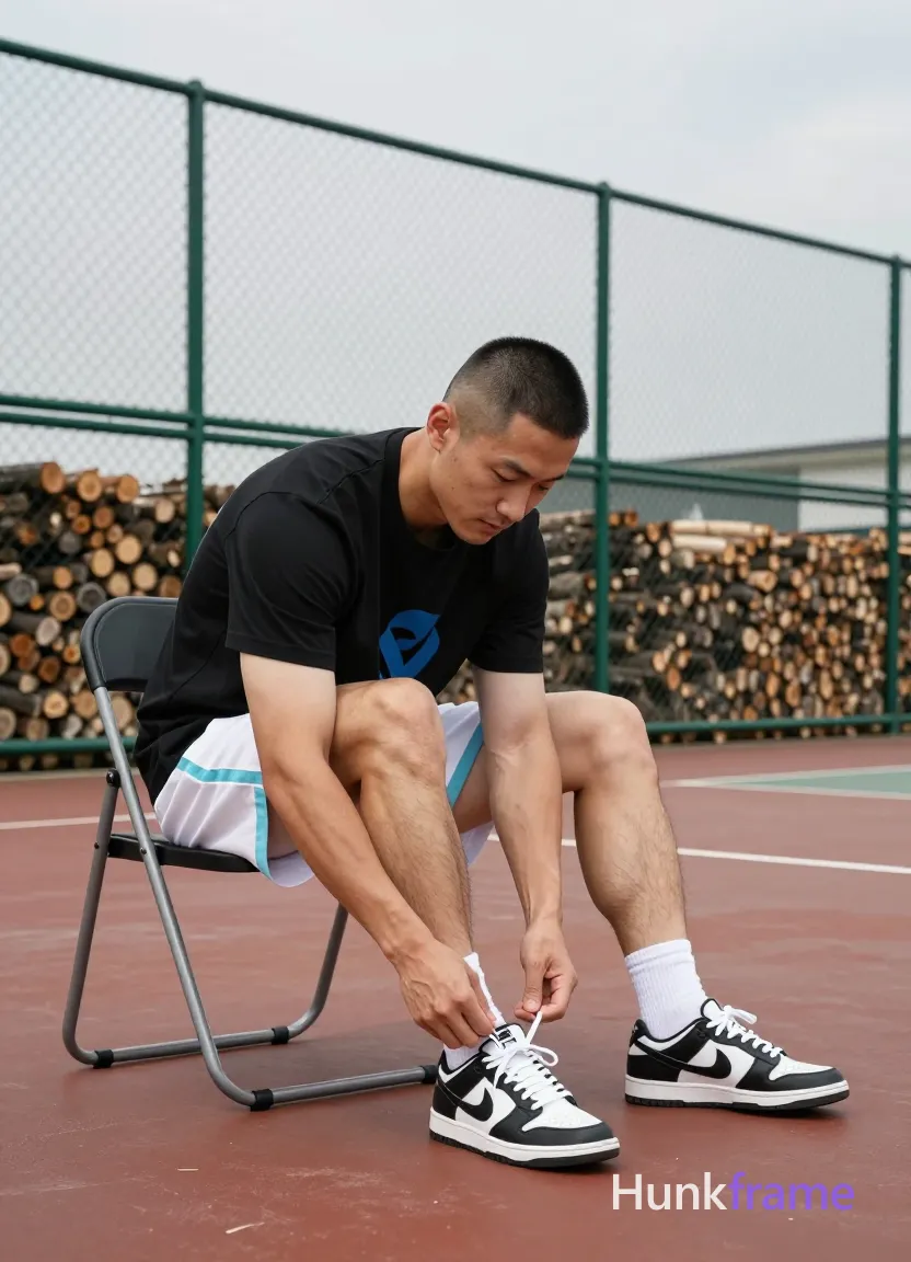 Asian man with short buzz cut black hair and clean-shaven face, seated on folding chair outdoors; He wears a black short-sleeve t-shirt with partial blue graphic covering the chest and white athletic shorts with light-blue side stripe; His thick thighs and defined calves are prominent as he leans forward over his left knee; Both hands adjust a white sock and black-and-white sneaker on his elevated left foot, manipulating laces near the ankle while looking down in focused concentration; Right leg extends straight forward; Background features green chain-link fence with stacked firewood behind it under diffused daylight from an overcast sky; Soft shadows fall naturally across red-brown court markings; Vertical portrait composition 13:19 aspect ratio capturing full-body seated shot from mid-thigh to head, clean negative space for wallpaper use; single clean uninterrupted photograph with a cohesive editorial composition and plain continuous surrounding surfaces