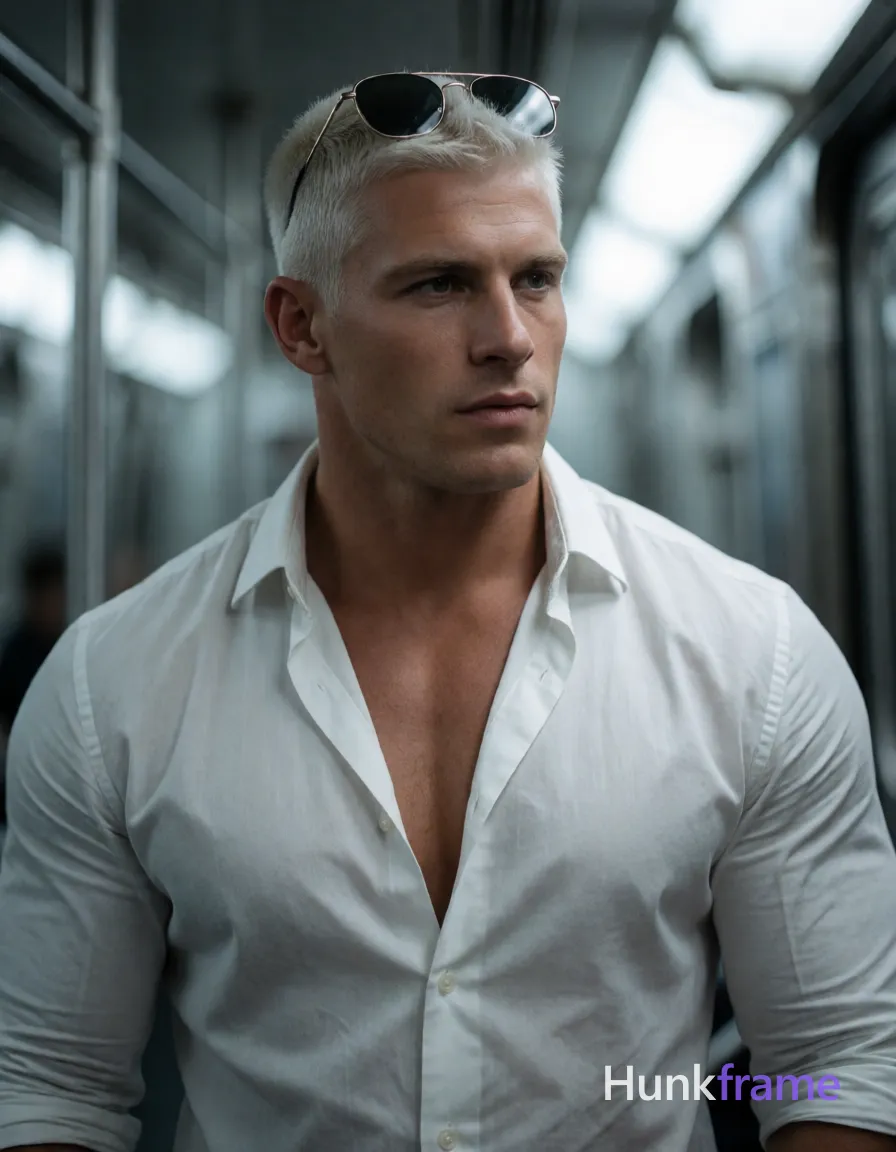 Heavily muscular adult man with substantial muscle mass, wide shoulders, thick neck, large chest and arms, powerful thighs, and dense bodybuilding proportions; A muscular Caucasian man with fair to light tan skin and a textured platinum blonde buzz cut, sunglasses perched on top of his head; He wears a white button-down dress shirt unbuttoned to the mid-chest exposing collarbones and upper sternum, arms folded behind ears while winking left eye closed; Broad shoulders and defined pectorals stand out against a blurred subway interior with cool gray-blue tones; High-resolution smartphone capture with shallow depth of field isolating him from vertical train lines; Dramatic directional light highlights sculpted anatomy; confident strength in athletic photography style; The adult man visibly wears sunglasses perched on top of head (not worn on face); dark lenses with thin metal frames; arms folded behind ears or resting on scalp on his face; preserve the exact frame shape, rim style, color, material, and lens tint; single clean uninterrupted photograph with a cohesive editorial composition and plain continuous surrounding surfaces