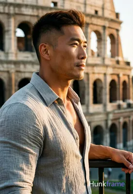 Asian man with short dark brown undercut hair and clean-shaven face, standing in