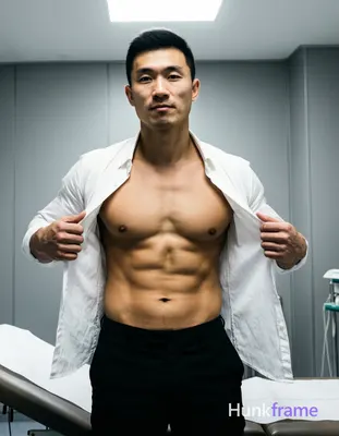 Asian man with short black hair and clean-shaven face stands facing camera in a clinical room, pulli