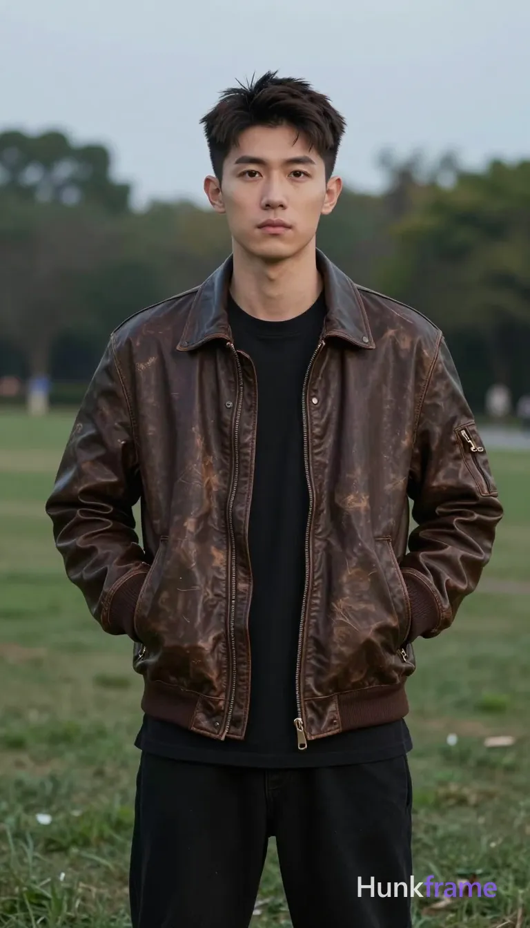 an anonymous figure man with light-medium skin and short dark brown textured hair, clean-shaven face standing upright facing forward; He wears a dark brown distressed leather bomber-style jacket over a black crew-neck t-shirt, hands in zippered chest pockets; Full-body shot from head to mid-thighs centered against an outdoor park setting with green grass and distant trees under soft dusk light; Fine-art photography aesthetic with shallow depth of field blurring the background elements into muted blue-gray tones; single clean uninterrupted photograph with a cohesive editorial composition and plain continuous surrounding surfaces