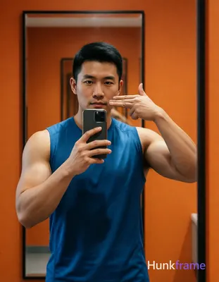 Asian man with light-medium skin and short black hair standing facing a large in