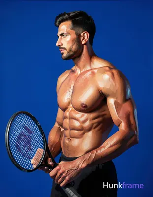 A handsome muscular man stands in three-quarter profile facing left, shirtless w